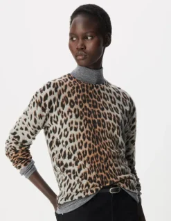 Pull gris tricot 100% cachemire motif léopard Femme