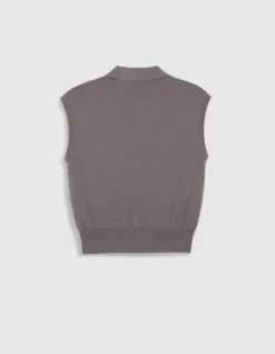 Pull gris tricot col polo sans manches Femme