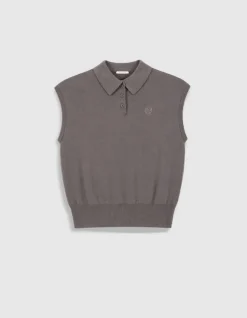 Pull gris tricot col polo sans manches Femme