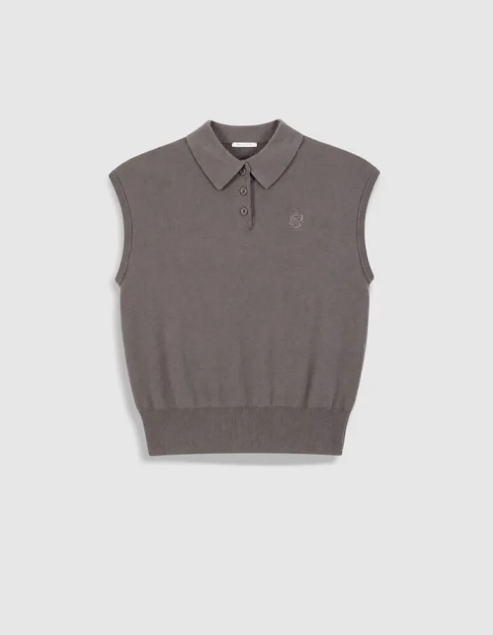Pull gris tricot col polo sans manches Femme