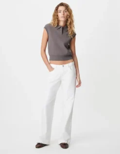 Pull gris tricot col polo sans manches Femme