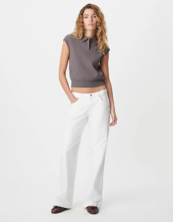 Pull gris tricot col polo sans manches Femme