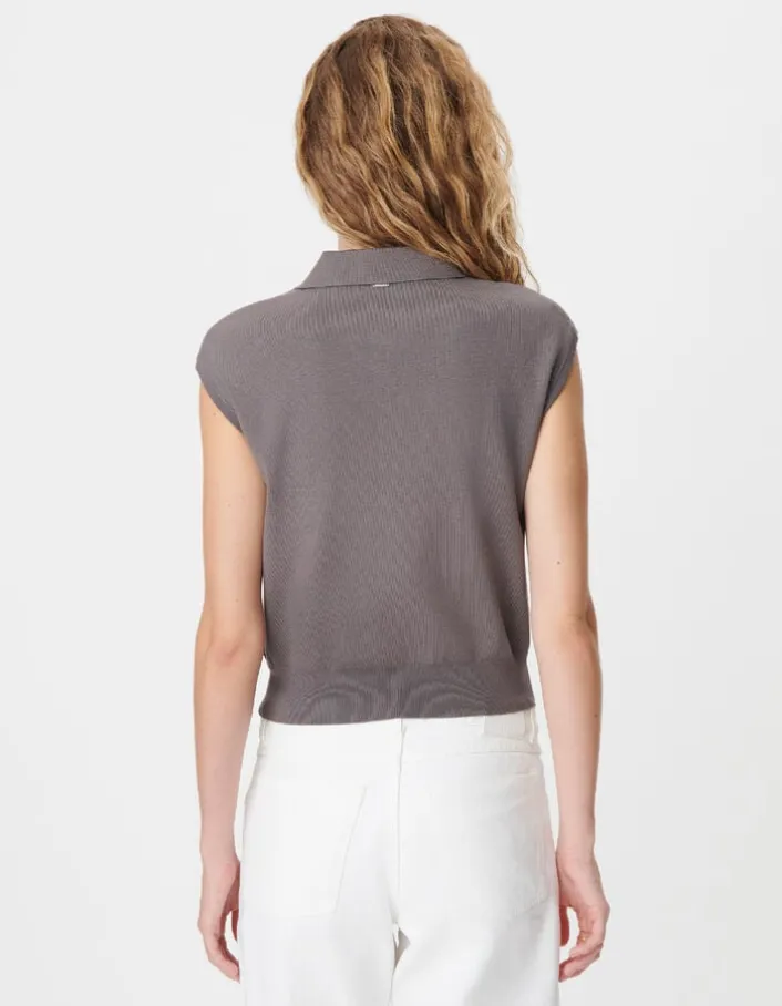 Pull gris tricot col polo sans manches Femme