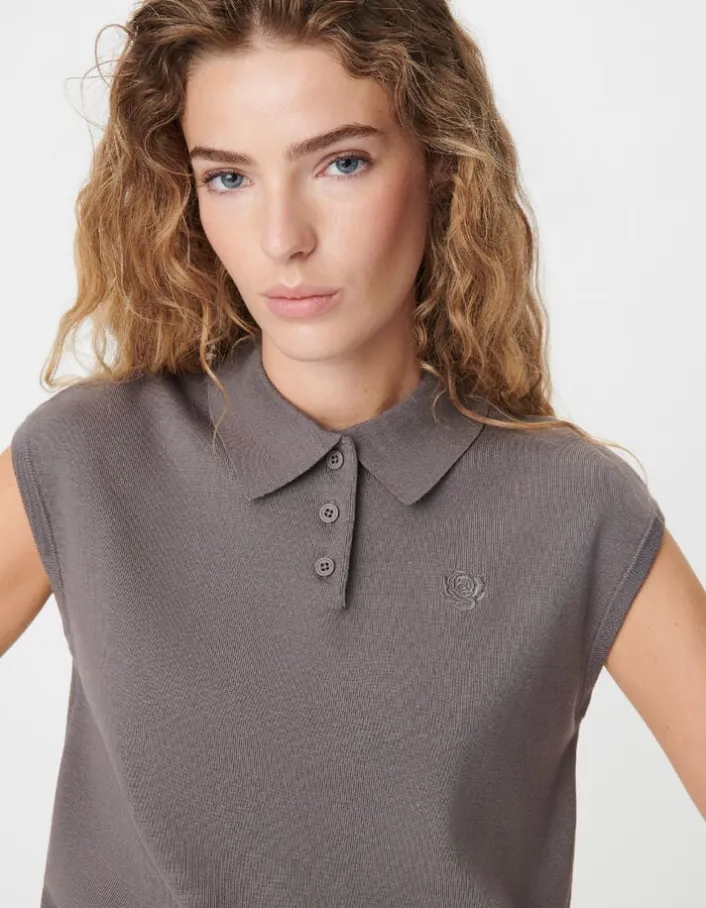 Pull gris tricot col polo sans manches Femme