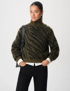 Pull kaki et noir tricot motif zèbre col boutonné Femme