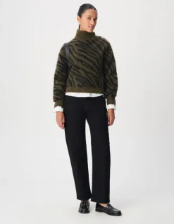 Pull kaki et noir tricot motif zèbre col boutonné Femme