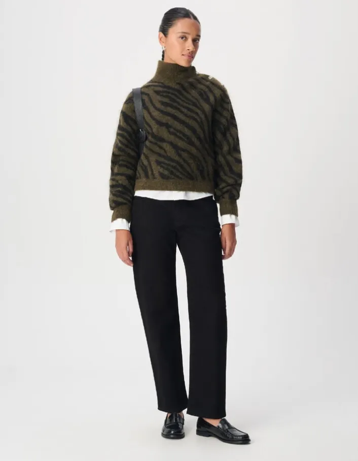 Pull kaki et noir tricot motif zèbre col boutonné Femme