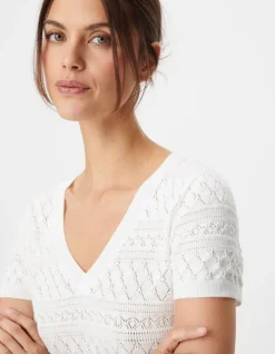 Pull manches courtes écru maille Pointelle ajourée Femme