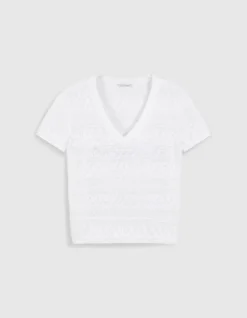 Pull manches courtes écru maille Pointelle ajourée Femme
