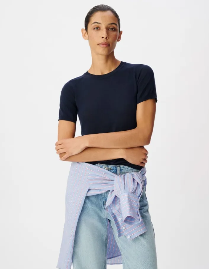Pull manches courtes marine tricot 100% laine Femme