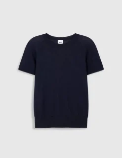 Pull manches courtes marine tricot 100% laine Femme