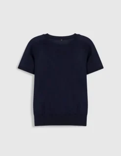 Pull manches courtes marine tricot 100% laine Femme