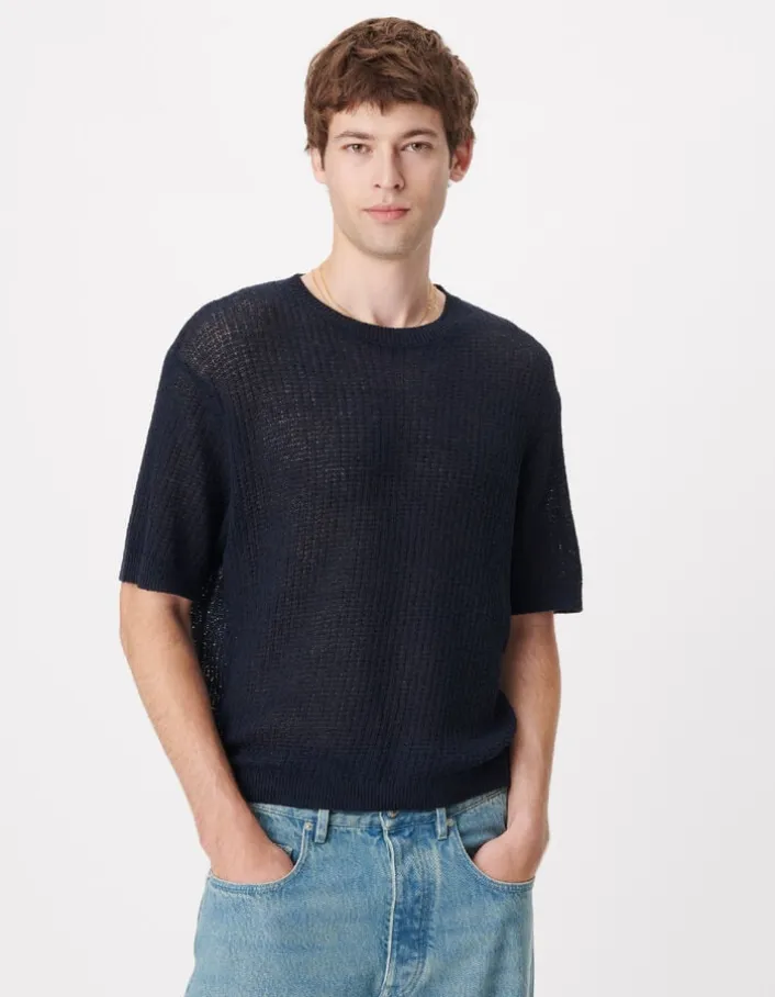 Pull manches courtes marine tricot ajouré Homme
