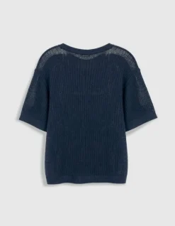 Pull manches courtes marine tricot ajouré Homme