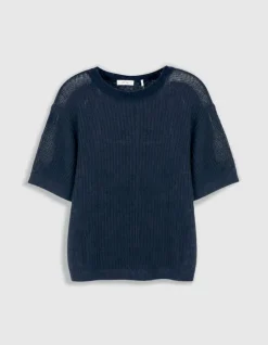 Pull manches courtes marine tricot ajouré Homme