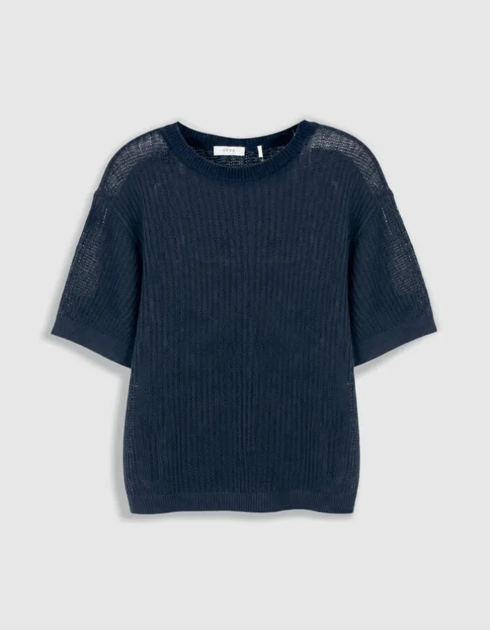 Pull manches courtes marine tricot ajouré Homme