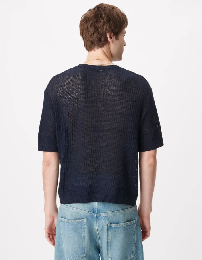 Pull manches courtes marine tricot ajouré Homme