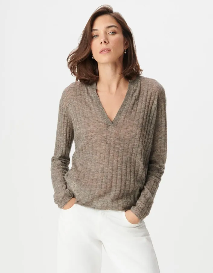 Pull manches longues beige tricot côtes plates Femme