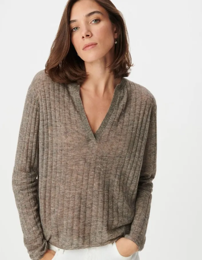 Pull manches longues beige tricot côtes plates Femme