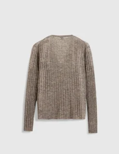 Pull manches longues beige tricot côtes plates Femme