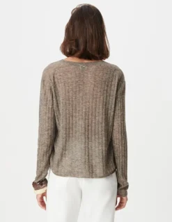 Pull manches longues beige tricot côtes plates Femme