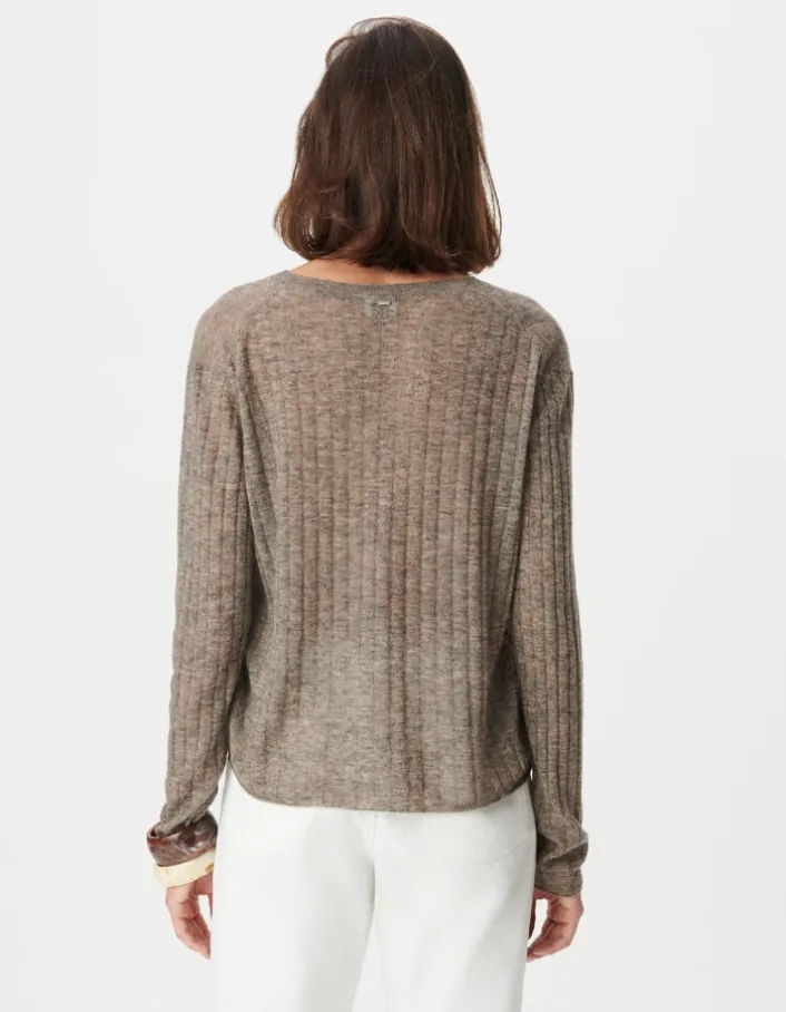 Pull manches longues beige tricot côtes plates Femme