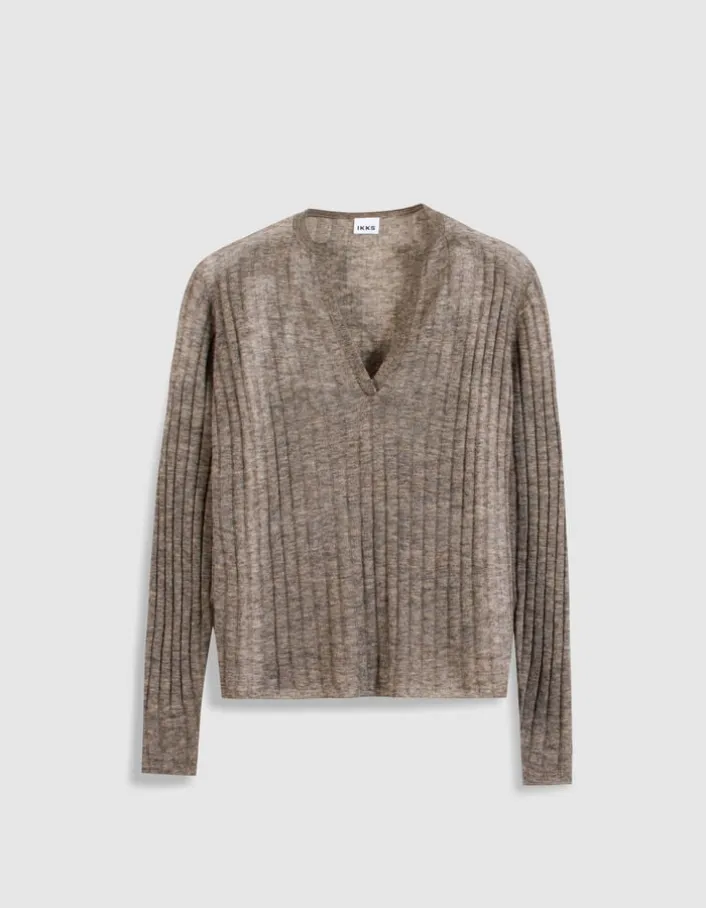Pull manches longues beige tricot côtes plates Femme