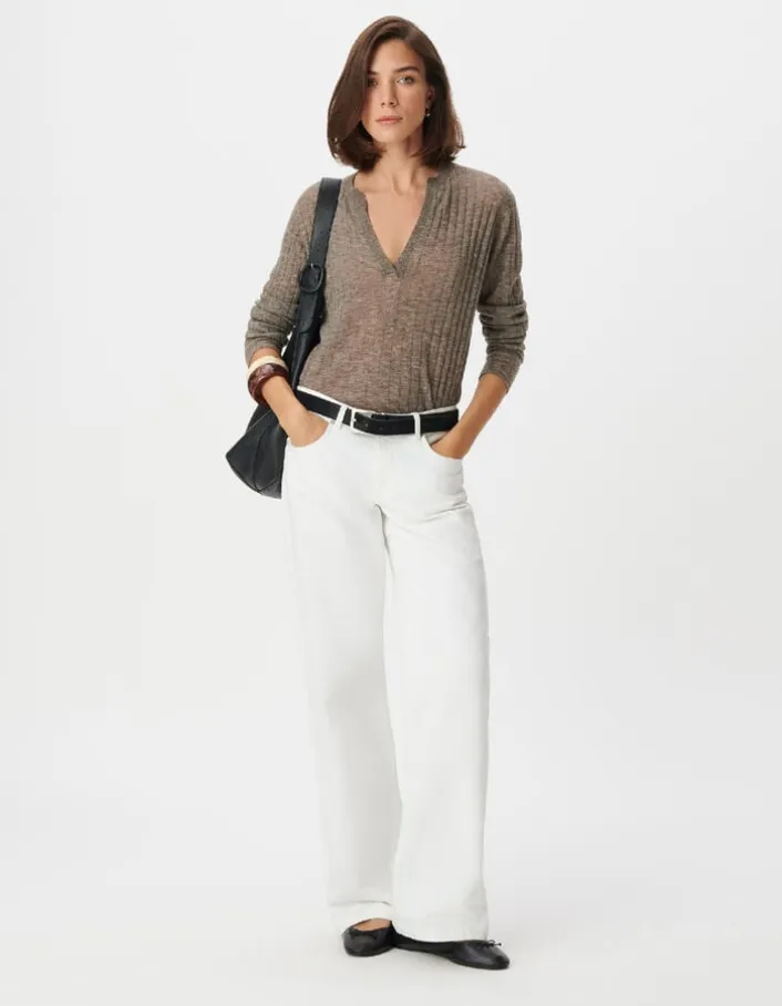 Pull manches longues beige tricot côtes plates Femme