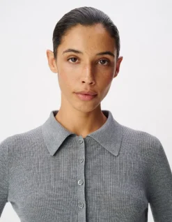 Pull manches longues gris tricot côtelé col polo Femme