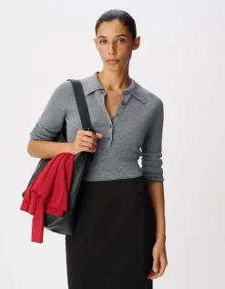 Pull manches longues gris tricot côtelé col polo Femme