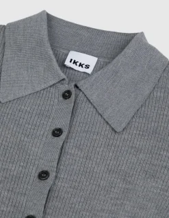 Pull manches longues gris tricot côtelé col polo Femme