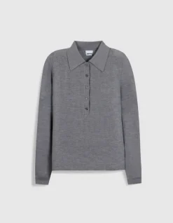 Pull manches longues gris tricot côtelé col polo Femme