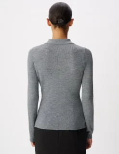 Pull manches longues gris tricot côtelé col polo Femme