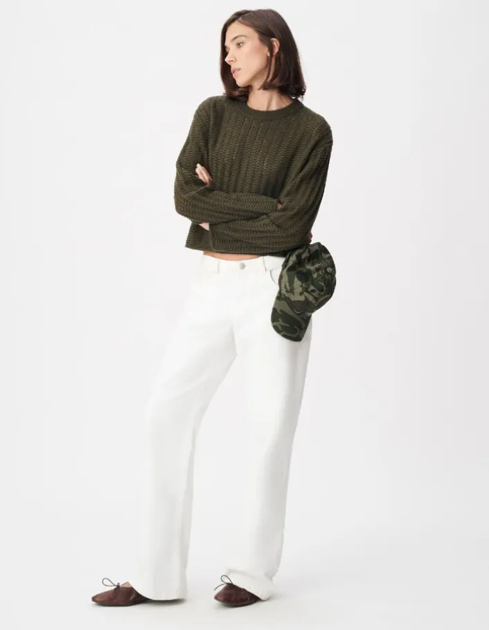 Pull manches longues kaki tricot ajouré Femme