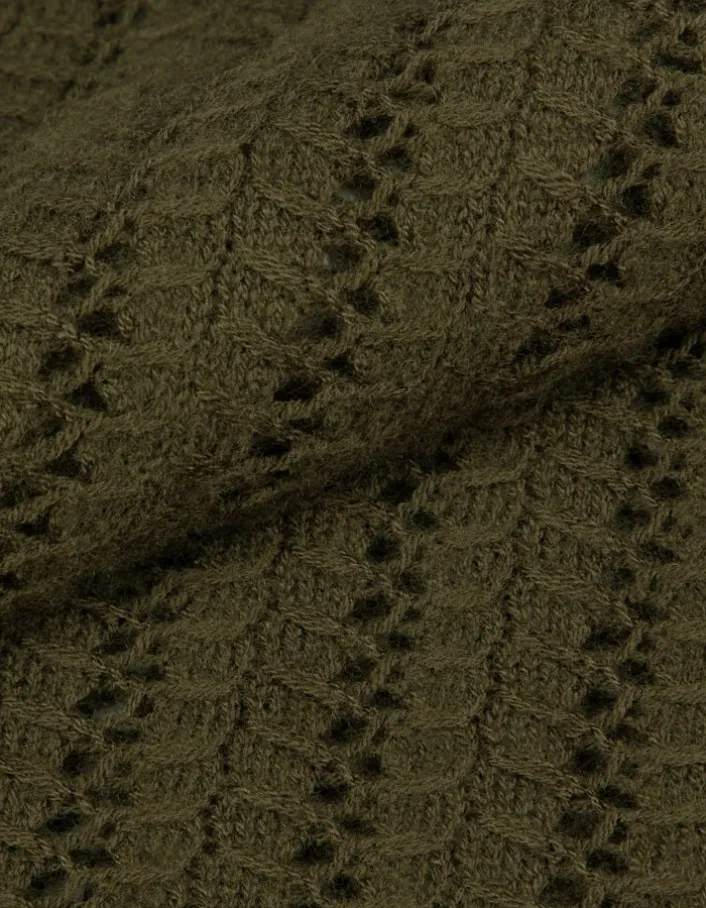 Pull manches longues kaki tricot ajouré Femme