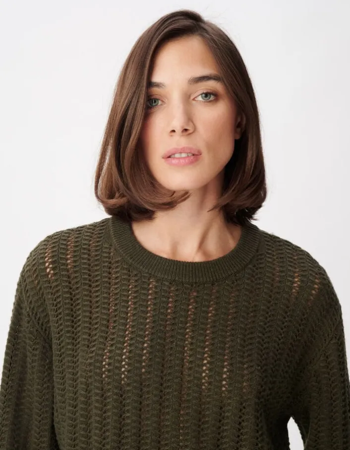Pull manches longues kaki tricot ajouré Femme