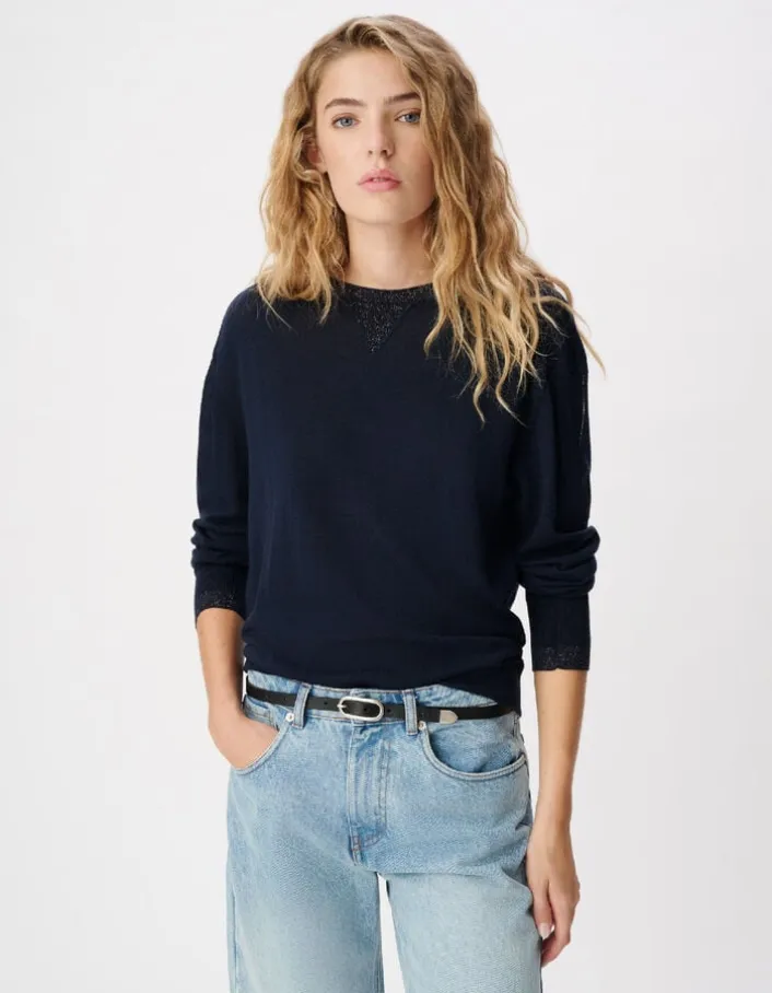Pull manches longues marine tricot détail lurex Femme