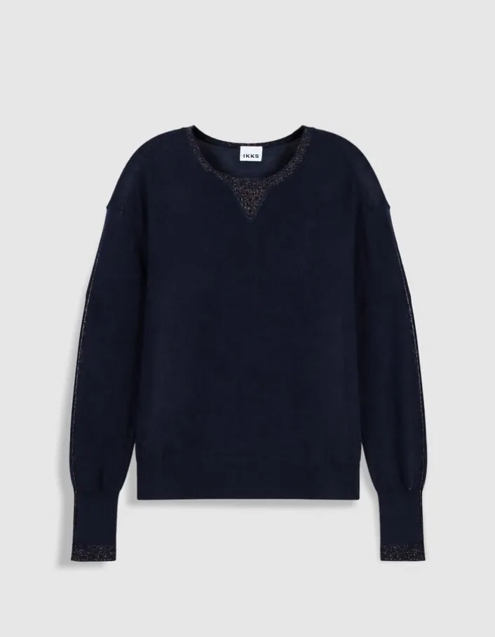 Pull manches longues marine tricot détail lurex Femme