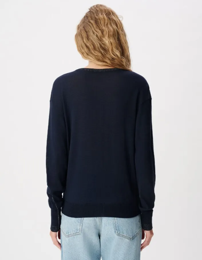 Pull manches longues marine tricot détail lurex Femme