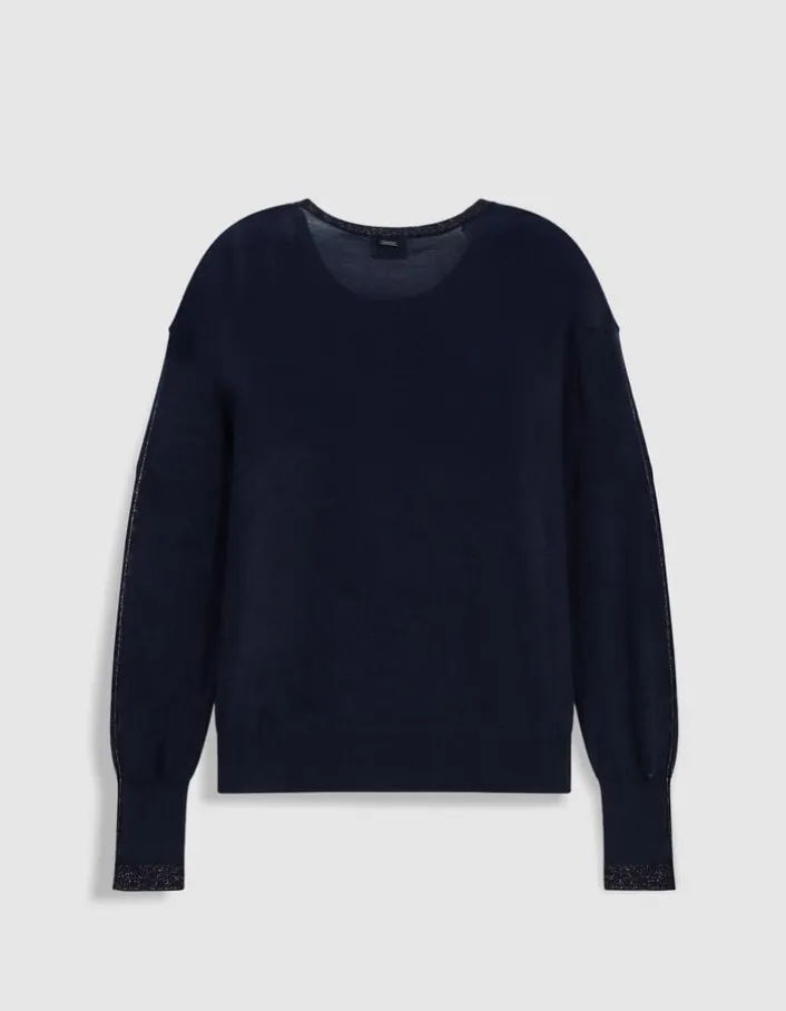 Pull manches longues marine tricot détail lurex Femme