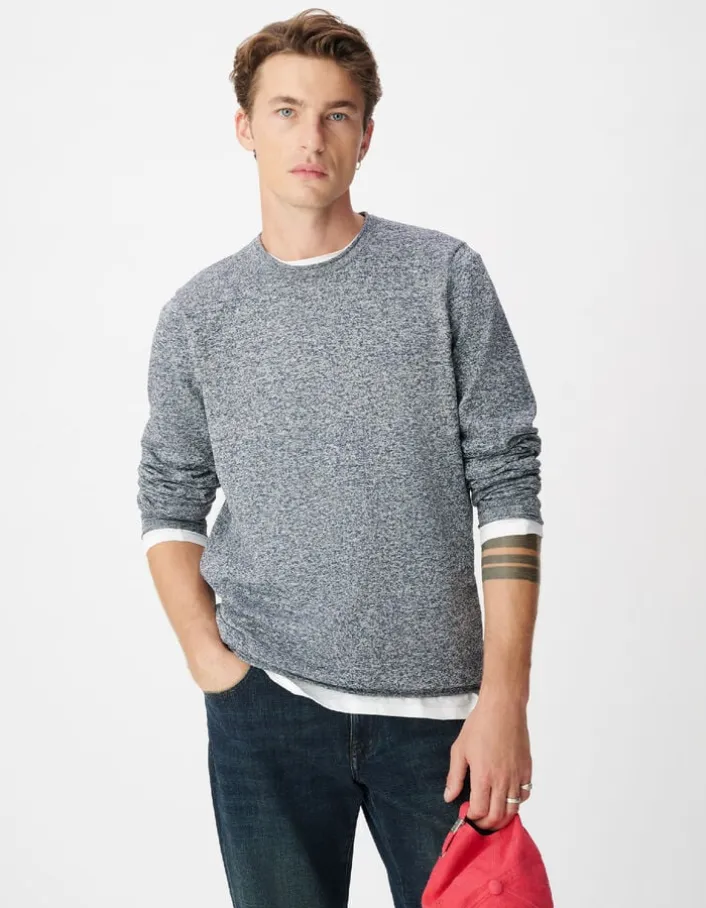 Pull manches longues marine tricot mouliné Homme