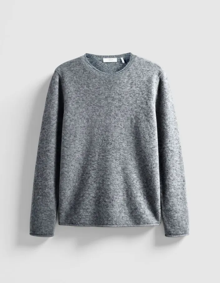 Pull manches longues marine tricot mouliné Homme