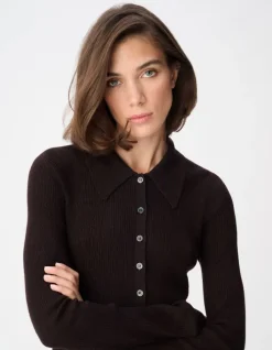 Pull manches longues marron tricot côtelé col polo Femme