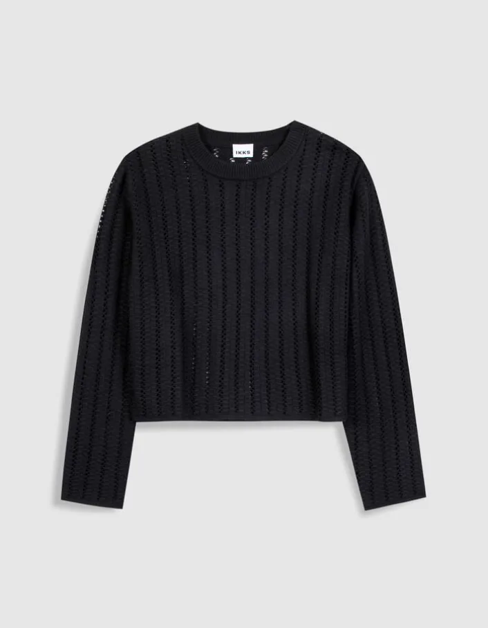 Pull manches longues noir tricot ajouré Femme