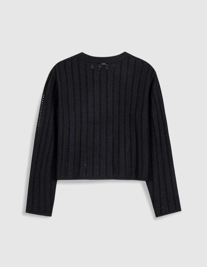 Pull manches longues noir tricot ajouré Femme