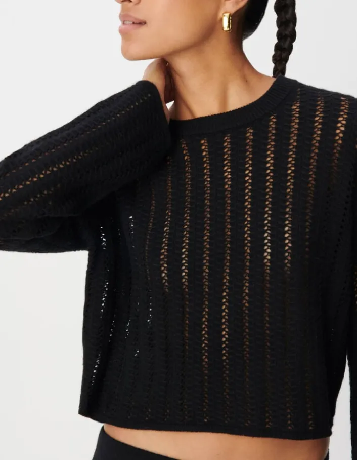 Pull manches longues noir tricot ajouré Femme