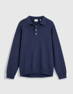 Pull marine tricot col polo boutonné Homme