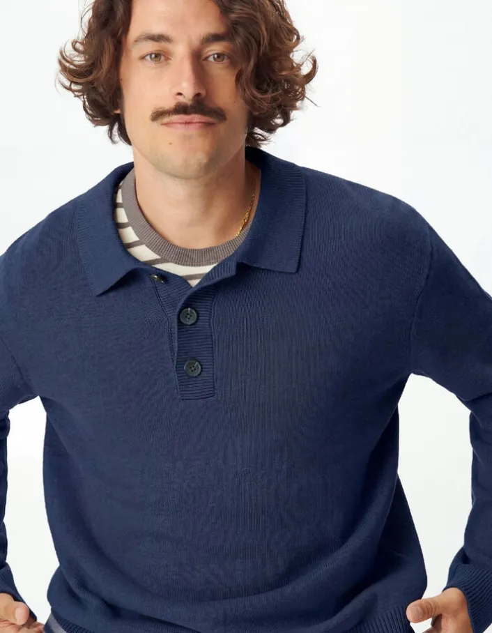 Pull marine tricot col polo boutonné Homme