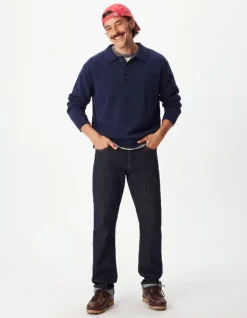 Pull marine tricot col polo boutonné Homme