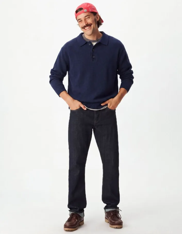 Pull marine tricot col polo boutonné Homme